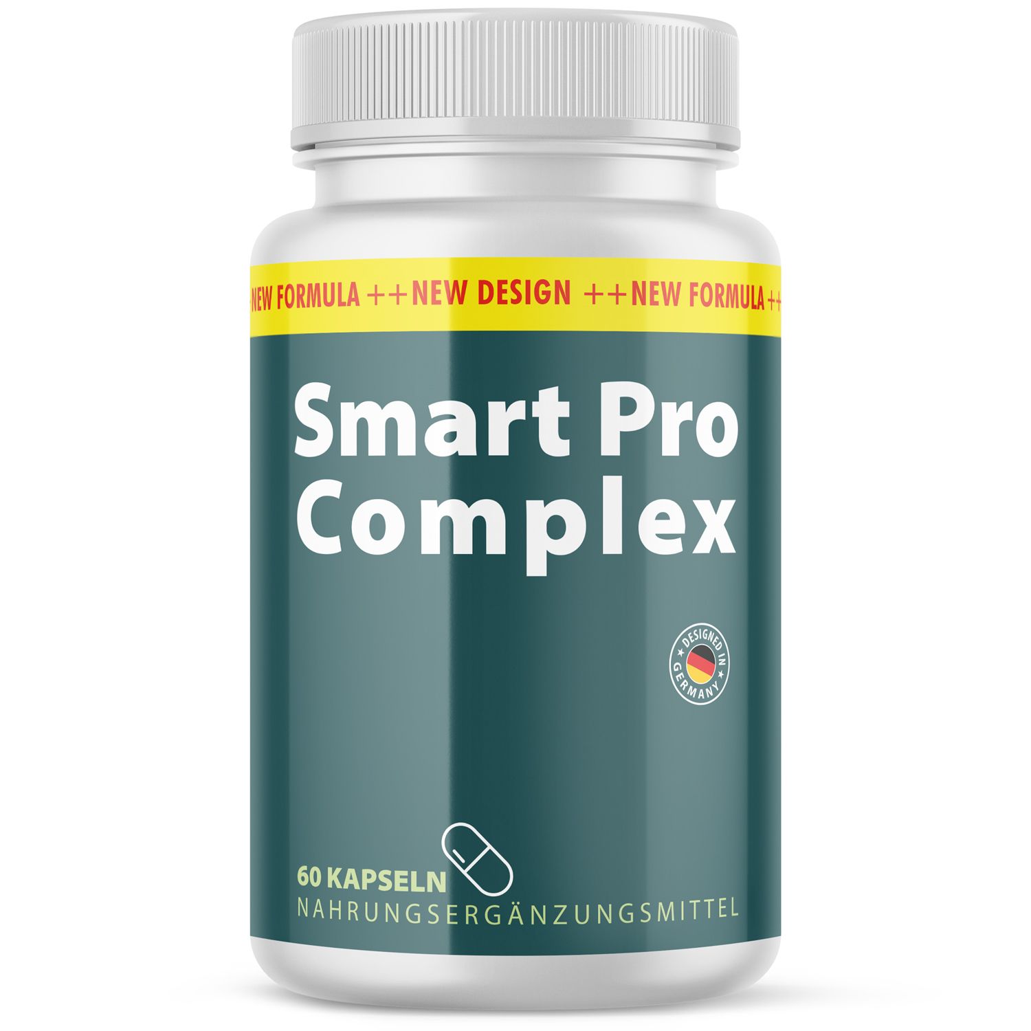 Weiße Flasche mit Smart Pro Complex Kapseln. Gelbes Etikett mit schwarzer Schrift. 60 Kapseln. Deutsches Qualitätssiegel.