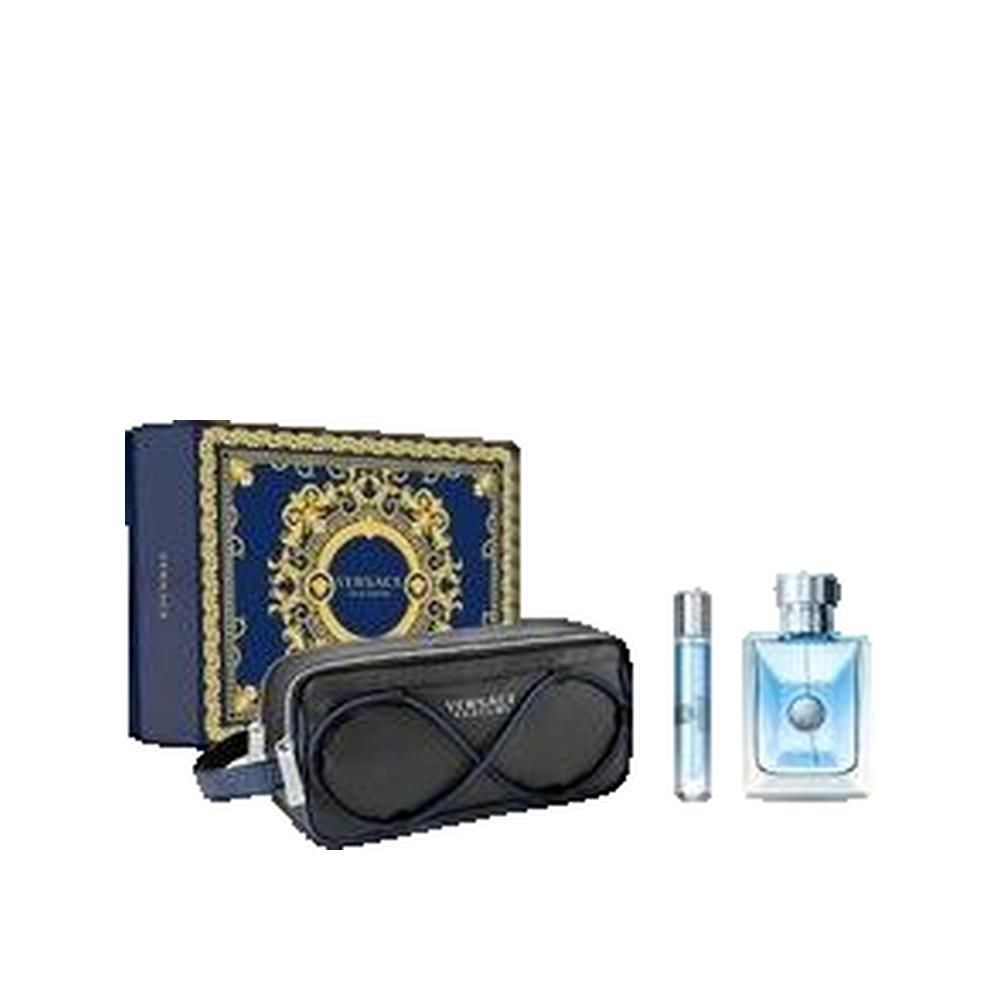 Geschenkset mit Parfum, Zerstäuber und Kosmetiktasche. Blaue Schachtel mit goldenem Dekor. Schwarze Tasche mit Logo. Hellblaues Parfum.