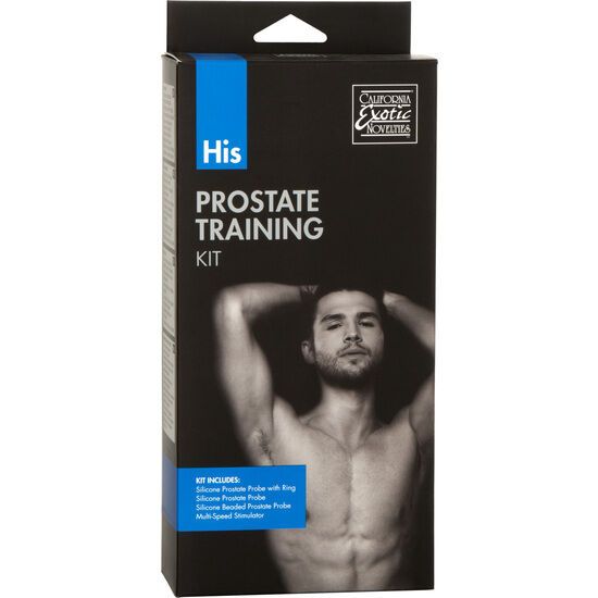 Schwarze Verpackung mit Produkt-Set. Aufschrift: His Prostate Training Kit. Marke: California Exotic Novelties. Enthält: Zubehör.