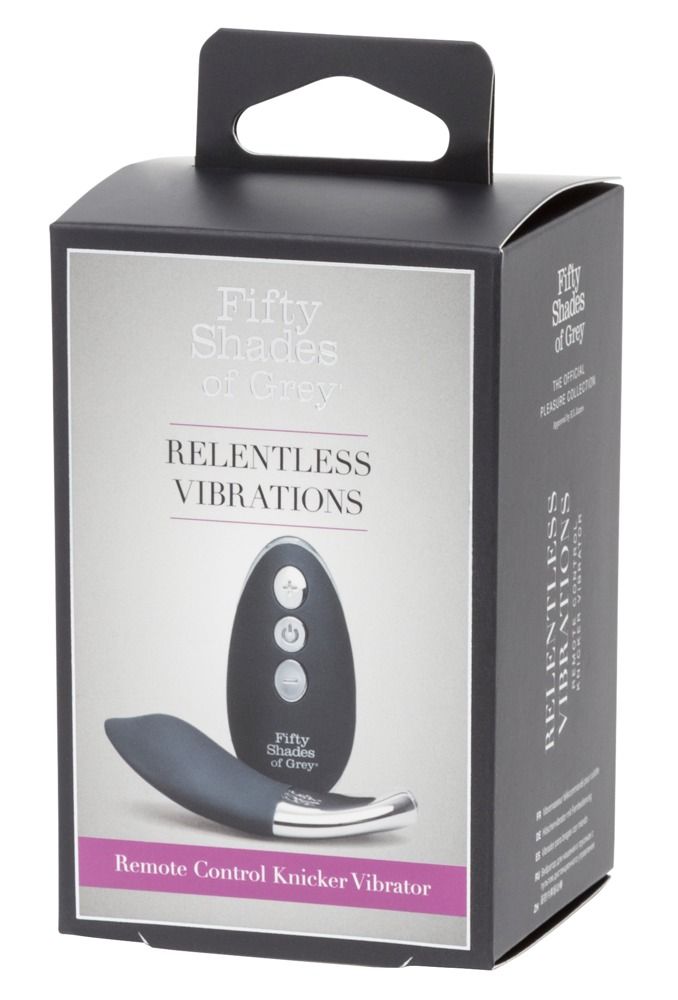 Schwarze Produktverpackung mit Produktabbildung und Text. Enthält Fernbedienung und Vibrator. Marke: Fifty Shades of Grey.