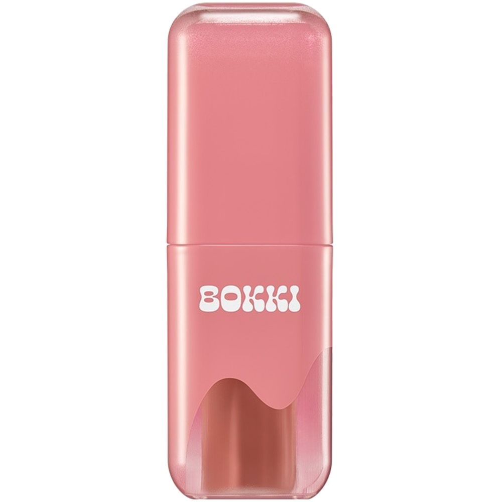 Rosa Lippenstift mit weißem "BOKKI"-Schriftzug. Transparenter Behälter unten. Abgerundete Form.