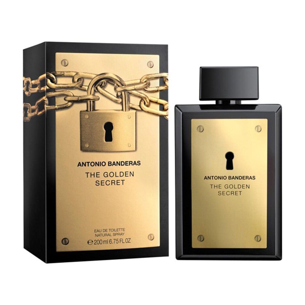 Flakon und Verpackung. Schwarzer Flakon mit goldener Platte und Schlüsselloch. Verpackung mit Kette und Schloss.