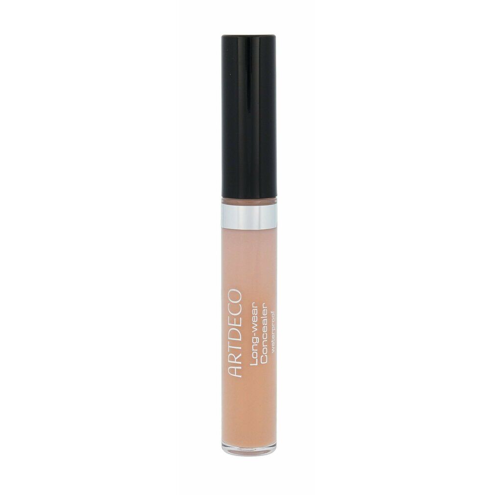 Artdeco Long-Wear Concealer, geschlossen. Beige Flüssigkeit in Glasflasche. Schwarzer Deckel, silberner Ring. Vertikale Ansicht.