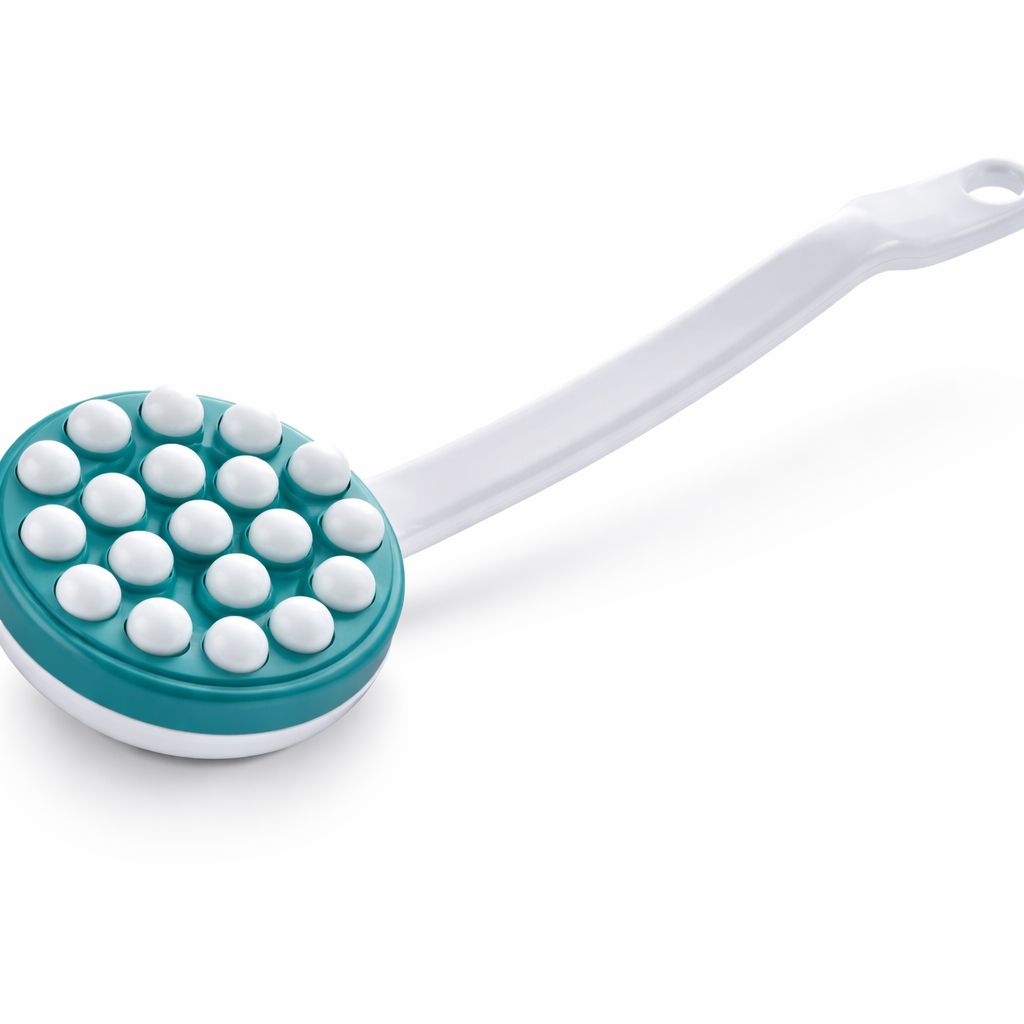 Weißer Griff mit rundem, türkis-weißem Massagekopf. Der Kopf hat weiße, runde Noppen. Am Ende des Griffs befindet sich ein Loch.