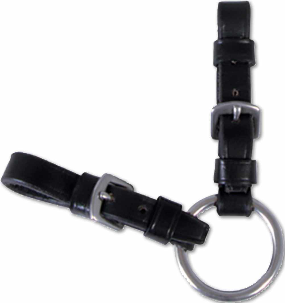 Schwarze Lederriemen mit silberfarbenen Schnallen und Metallring. Detailaufnahme, weißer Hintergrund.