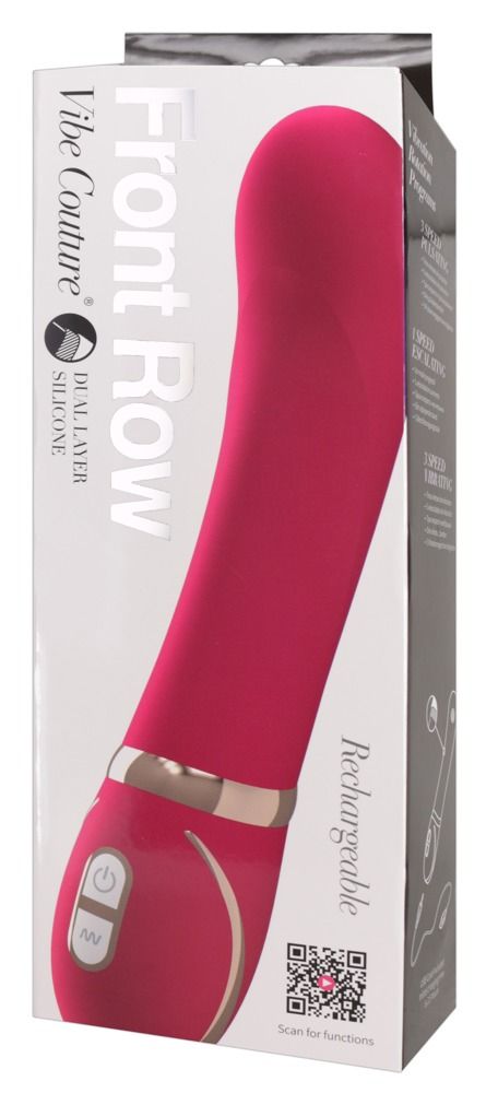 Produktverpackung. Pinkfarbener Vibrator. Text: 'Vibe Couture', 'Front Row', 'Rechargeable'.