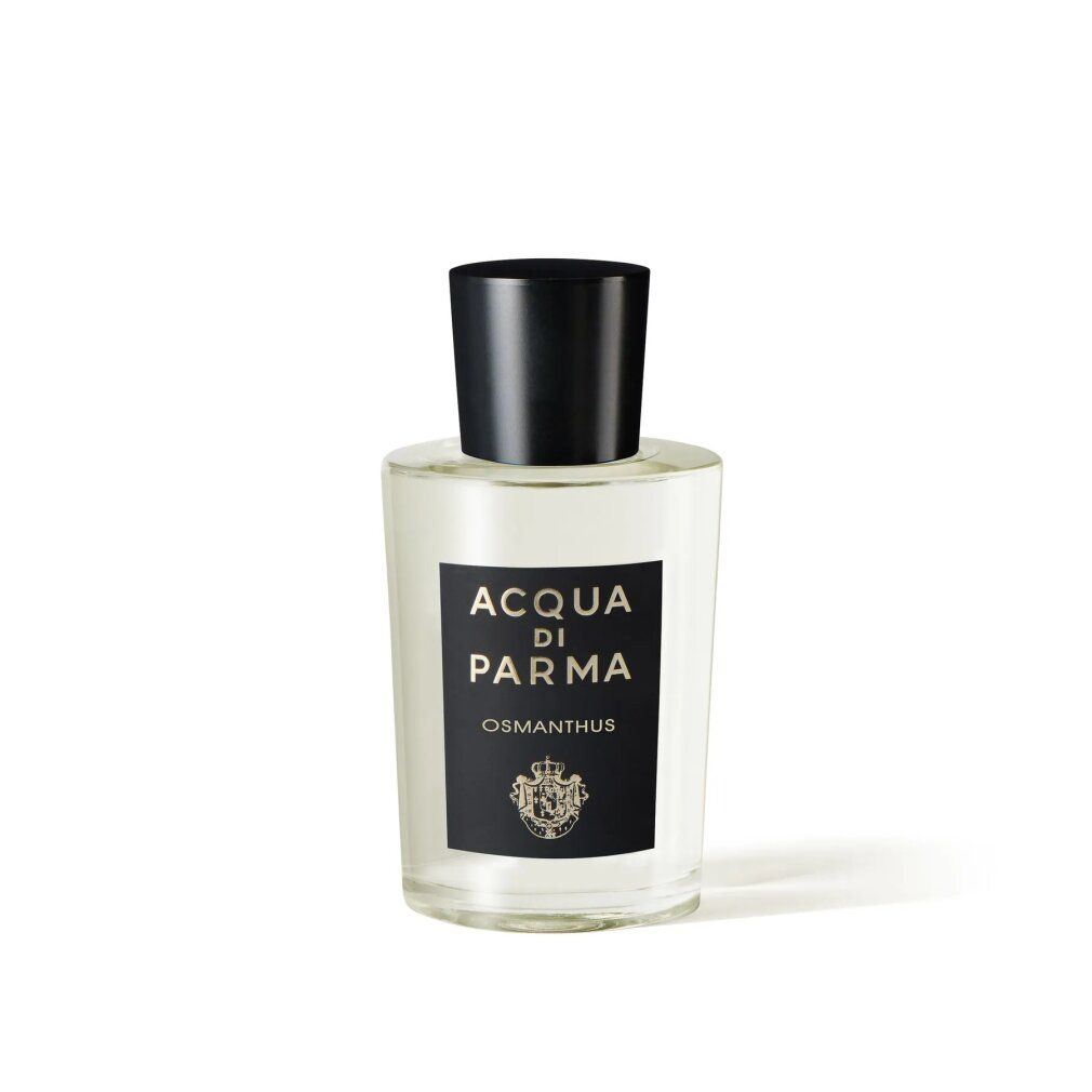Glasflakon mit schwarzem Verschluss. Aufschrift Acqua di Parma Osmanthus auf schwarzem Etikett.