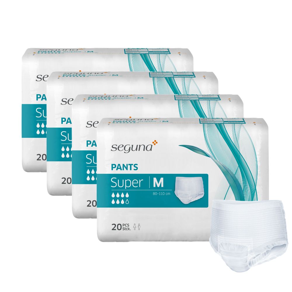 Vier Packungen SEGUNA Pants Super M, 20 Stück. Daneben ein einzelnes Produkt.