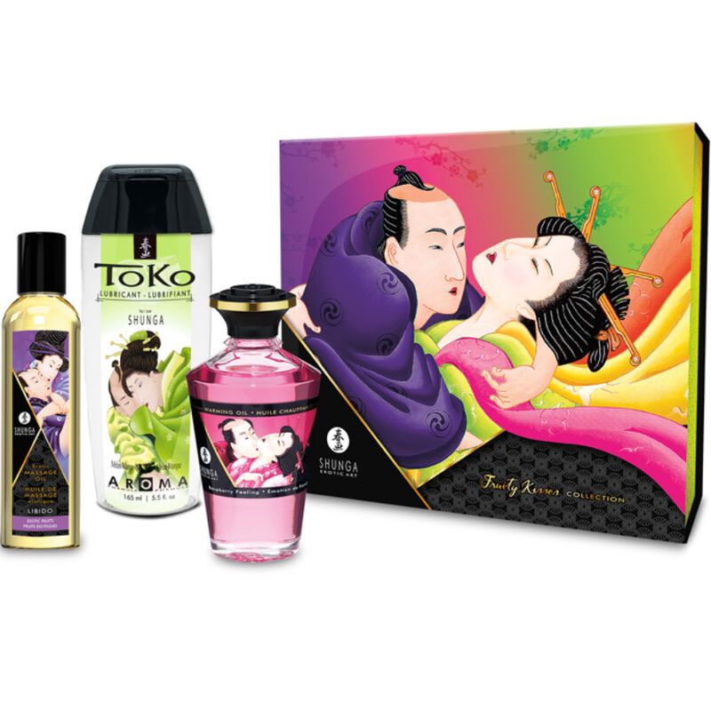 Geschenkset mit drei Flaschen und einer Schachtel. Text: Fruity Kisses Collection. Produkte sind sichtbar.