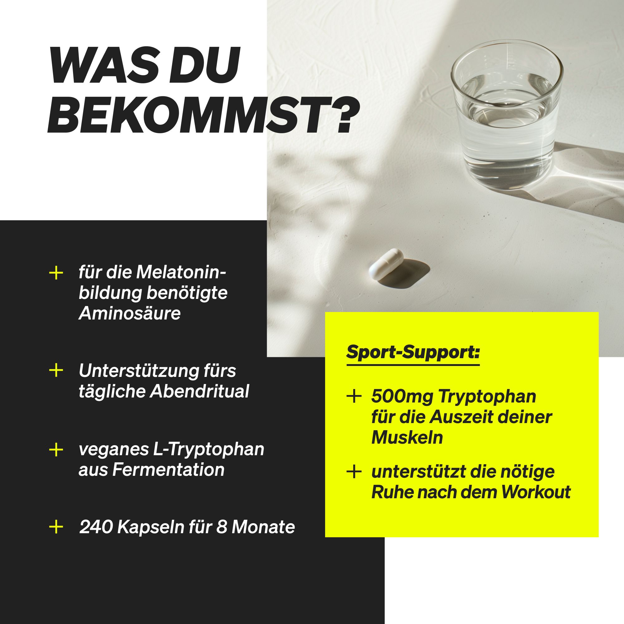 Text mit Produktinformationen. Aufschrift: Was du bekommst? 240 Kapseln für 8 Monate. Vegan, L-Tryptophan aus Fermentation.
