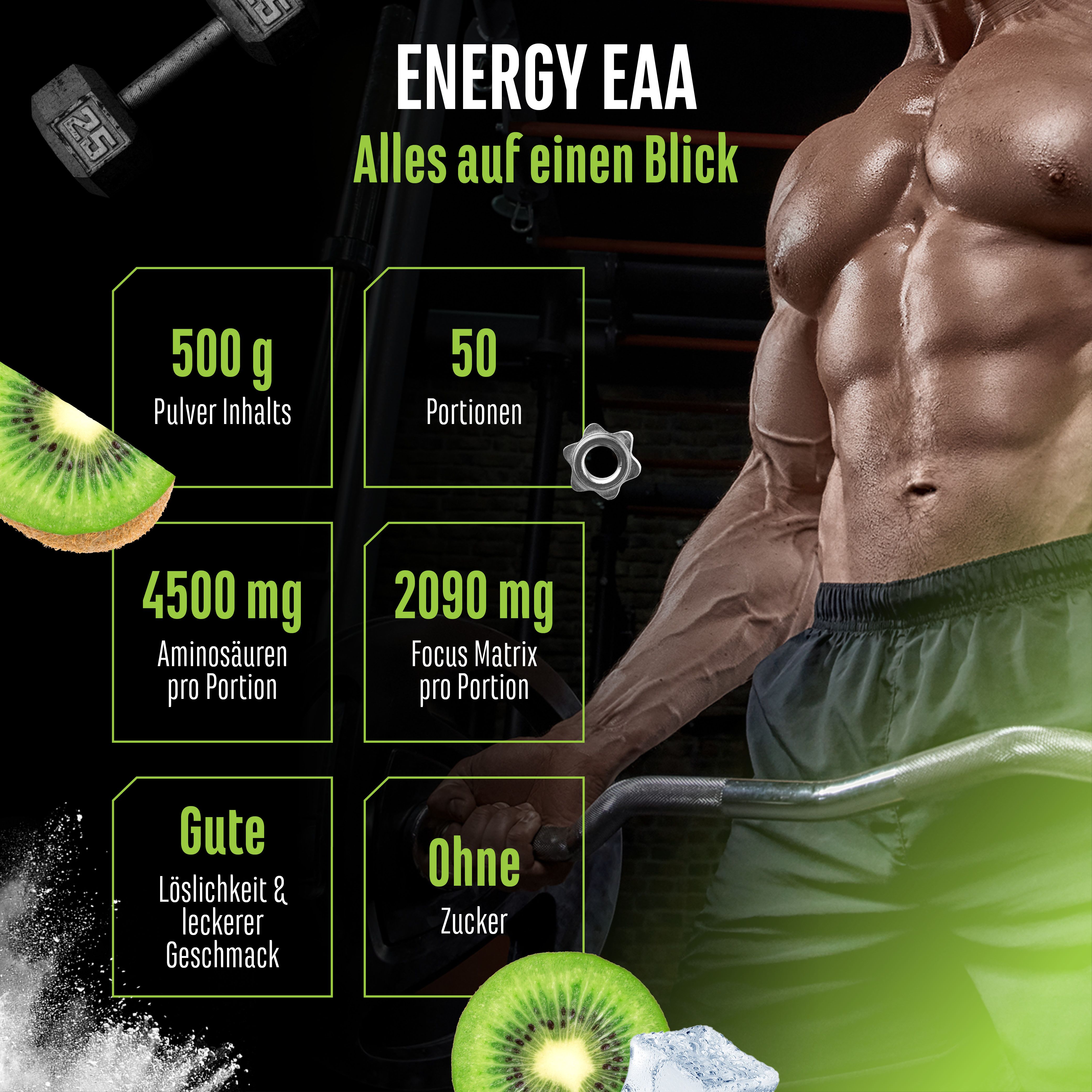 Infografik mit Energy EAA. Angaben zu Pulverinhalt, Portionen, Aminosäuren, Focus Matrix, Löslichkeit, Zucker.