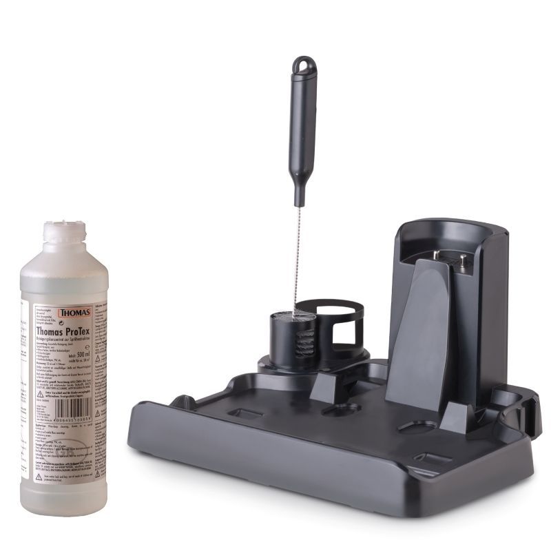 Reinigungsstation mit Zubehör. Flasche mit Flüssigkeit, Reinigungsbürste und Ladestation. Schwarze und weiße Elemente.