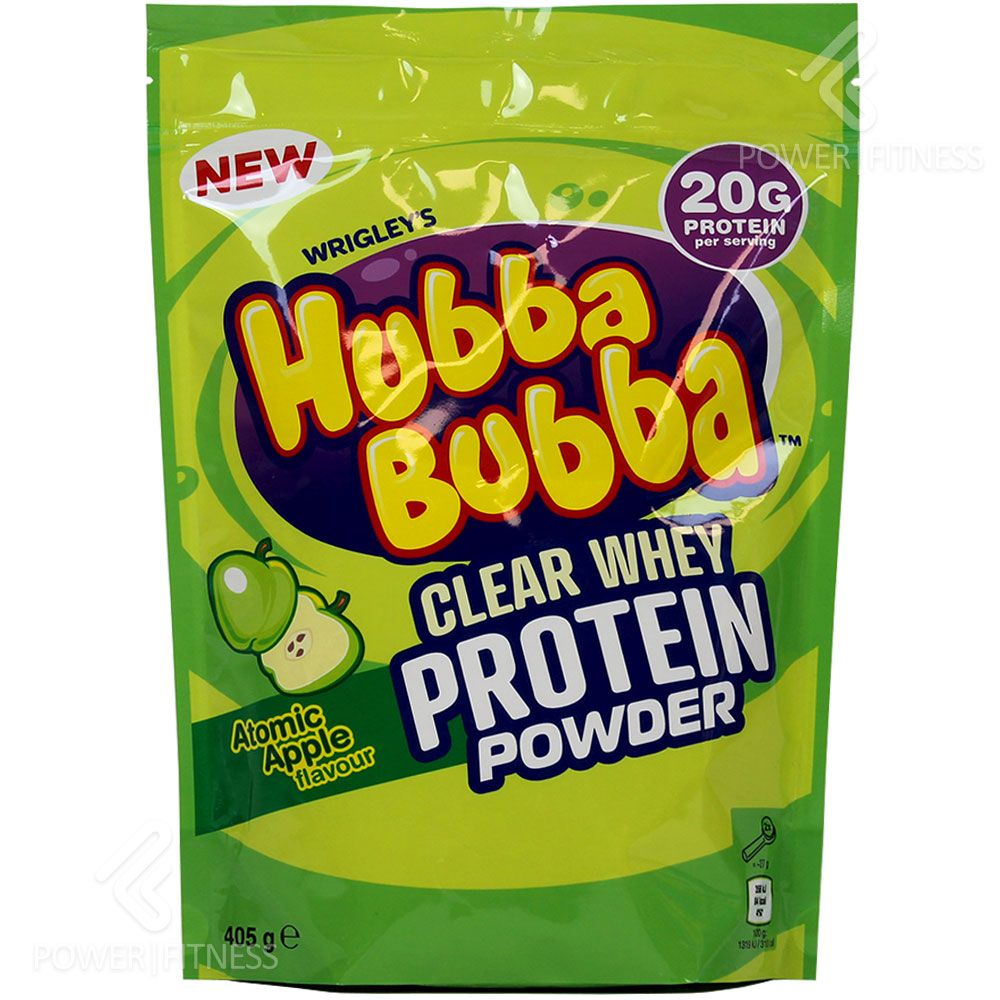 Grüner Beutel mit "Hubba Bubba Clear Whey Protein Powder". Enthält 20g Protein pro Portion. Geschmack: Atomic Apple.