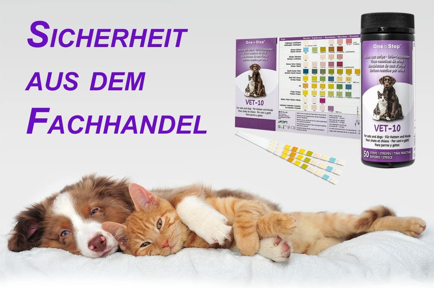 Hund und Katze liegen zusammen. Daneben Flasche, Packung und Teststreifen. Text: Sicherheit aus dem Fachhandel.