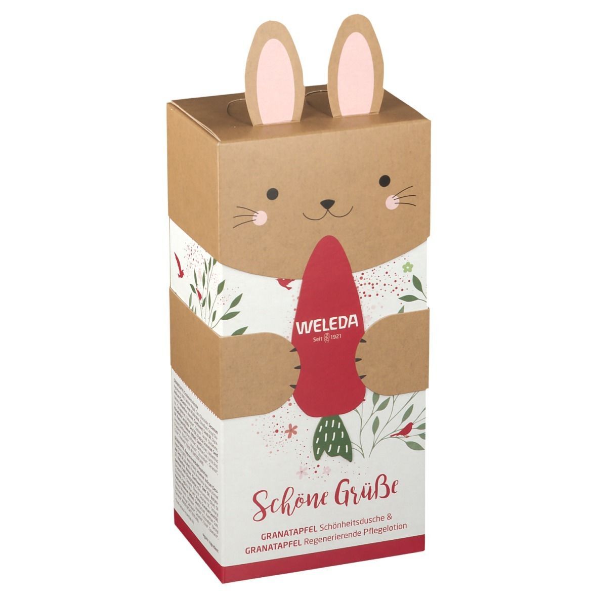 Kartonverpackung mit Hasenmotiv. Enthält WELEDA-Produkte. Aufschrift: Schöne Grüße, Granatapfel.