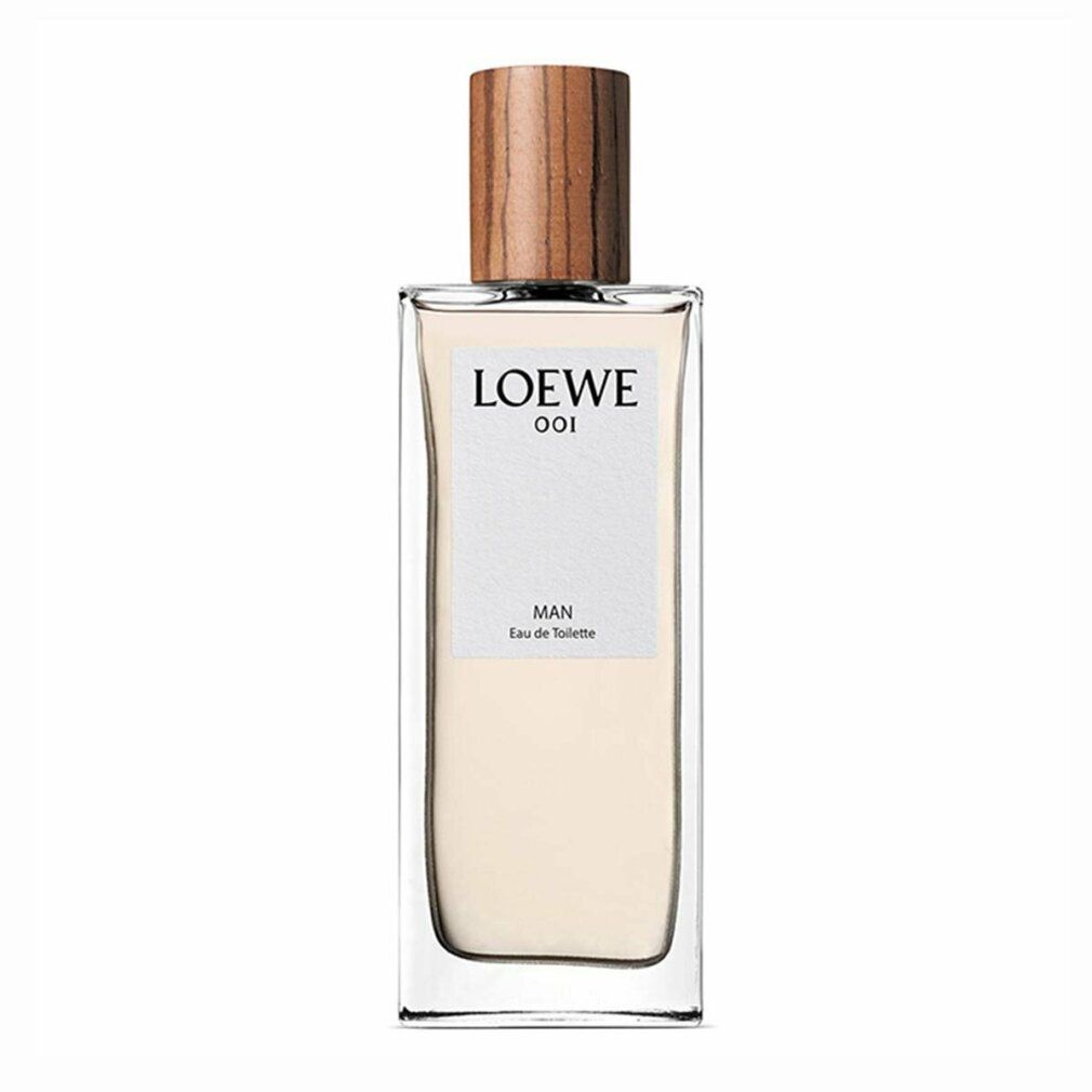 Loewe 001 Man Eau de Toilette Spray. Rechteckiger Glasflakon mit Holzverschluss. Weißes Etikett mit Produktinformationen.