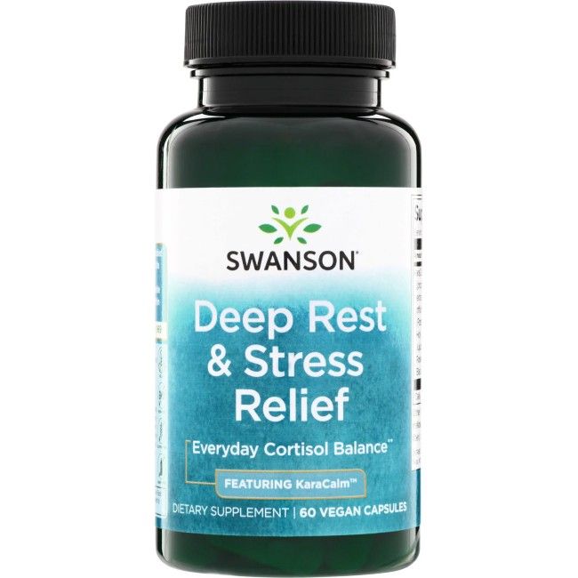 Dunkelgrüne Flasche mit schwarzem Deckel, Etikett mit "Swanson Deep Rest & Stress Relief" und "60 Vegan Capsules".