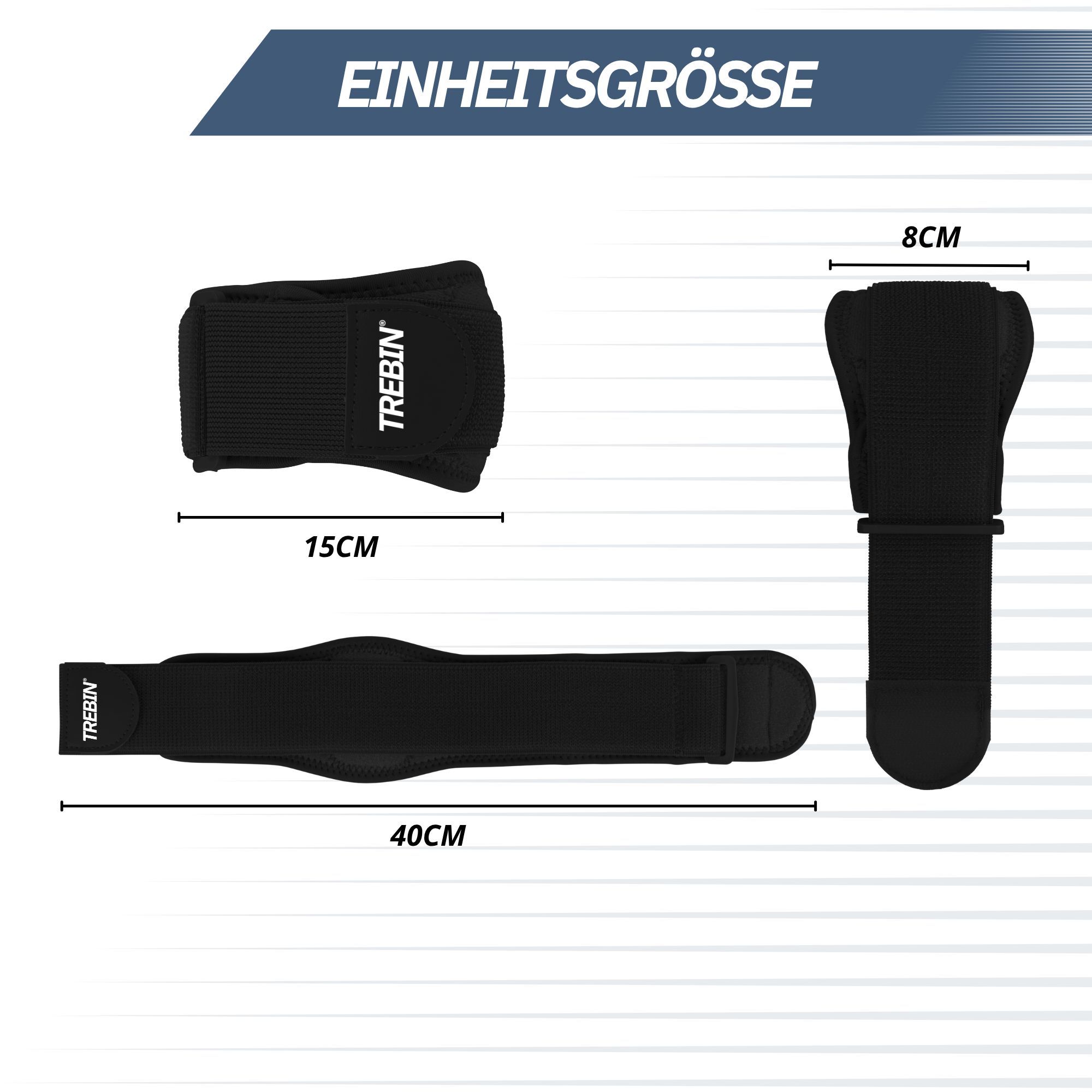 Zwei graue Bandagen mit Klettverschluss: eine 15cm breite, eine 40cm lange und eine 8cm breite.