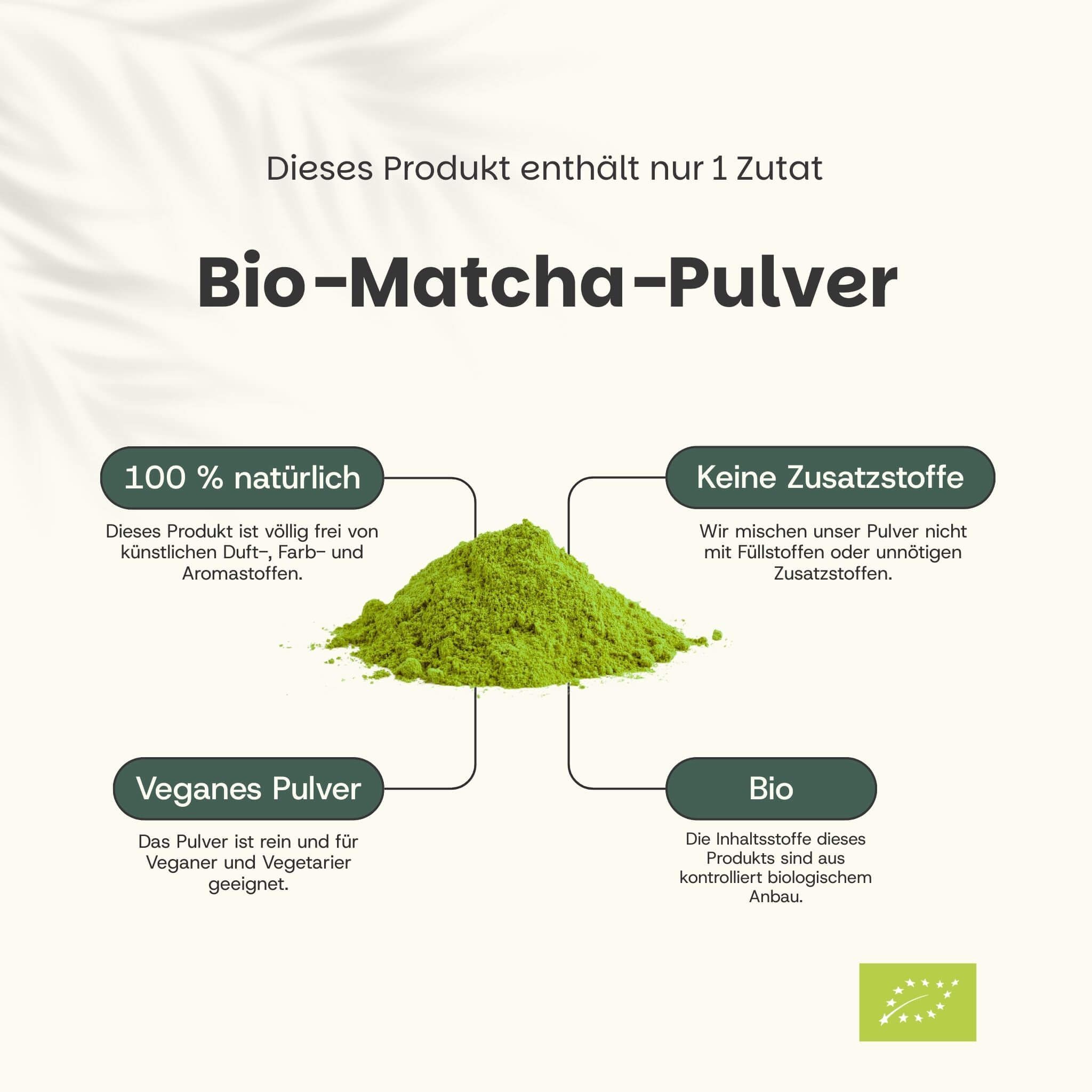 Haufen grünes Bio-Matcha-Pulver. Text: „Bio-Matcha-Pulver“. 100% natürlich, ohne Zusatzstoffe, vegan, bio.