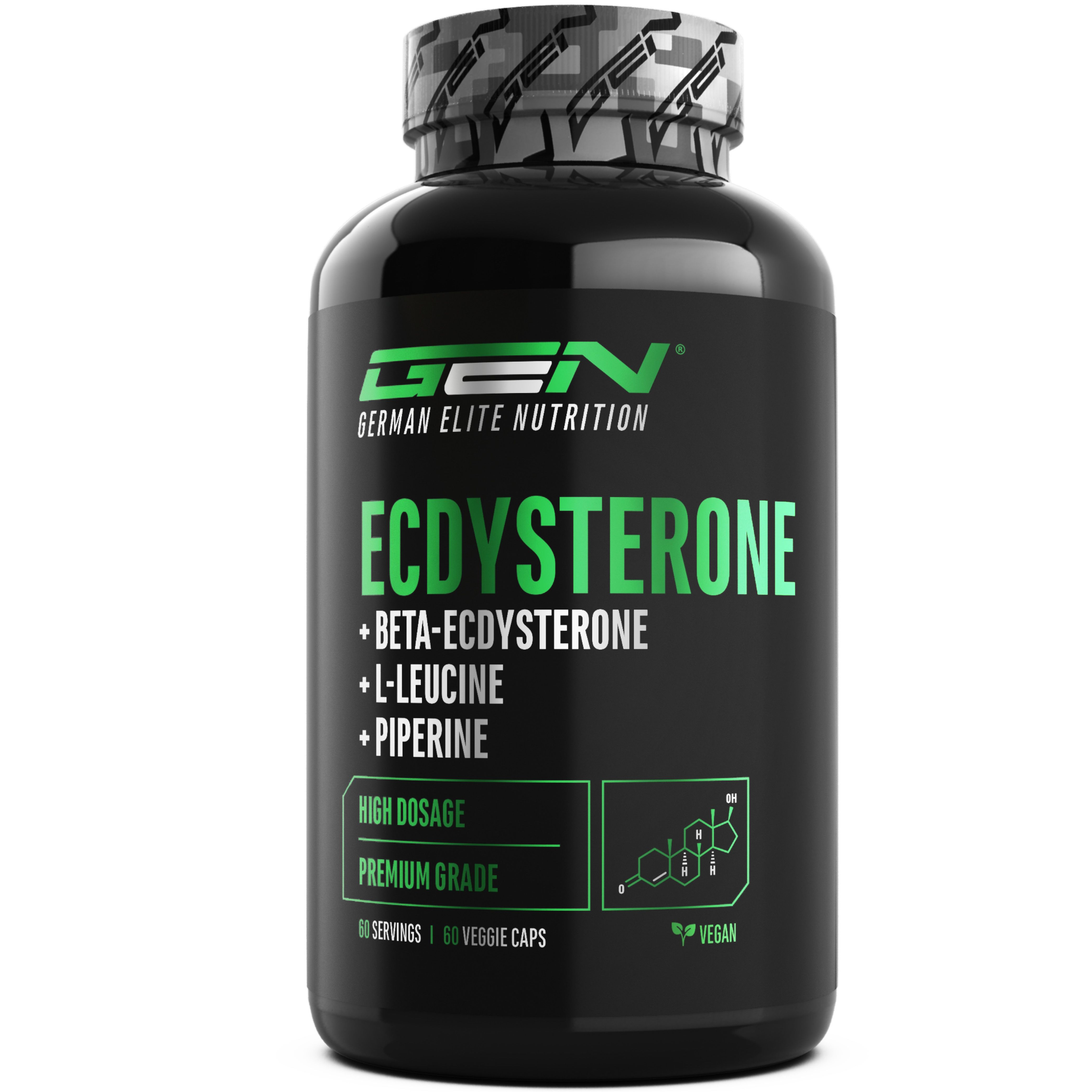 Schwarze Flasche mit grünem Etikett. Enthält die Aufschrift Ecdysteron, Beta-Ecdysteron, L-Leucin, Piperin. Vegan.