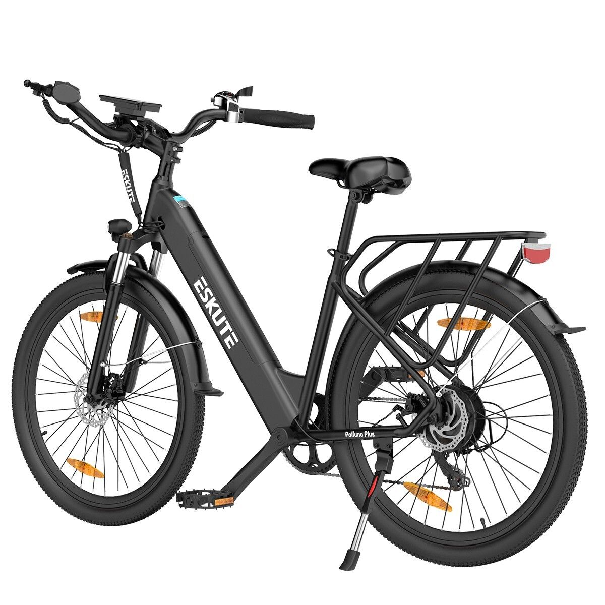 Schwarzes ESKUTE Polluno Plus E-Bike. Gepäckträger, Schutzbleche, Rücklicht. 36V 20Ah Batterie.