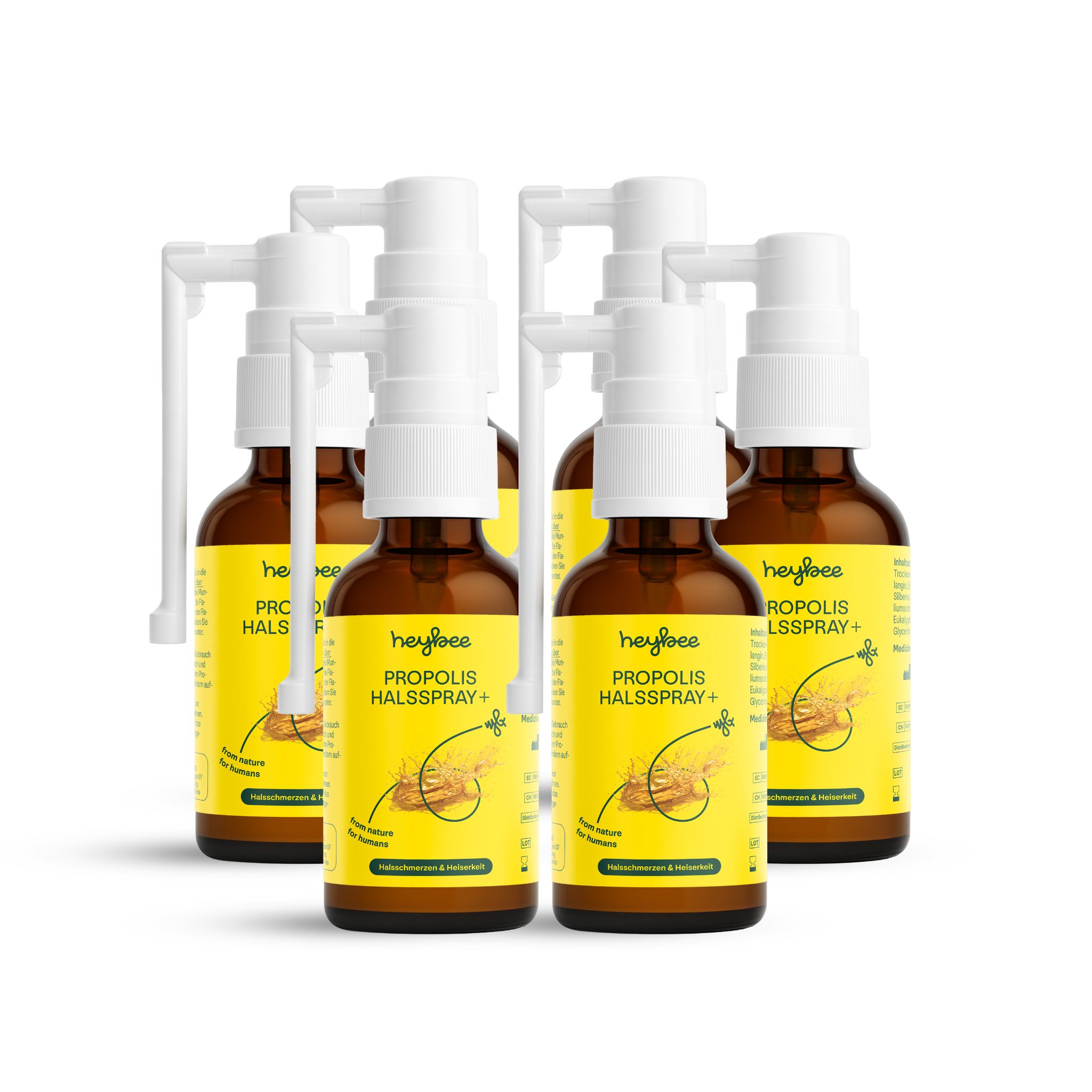 Sechs braune Flaschen mit weißem Sprühkopf. Gelbe Etiketten. Produkt zur Linderung von Halsschmerzen.