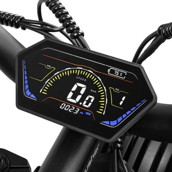 Digitales Display am E-Bike. Zeigt Geschwindigkeit, Akkustand und Unterstützungsstufe an.