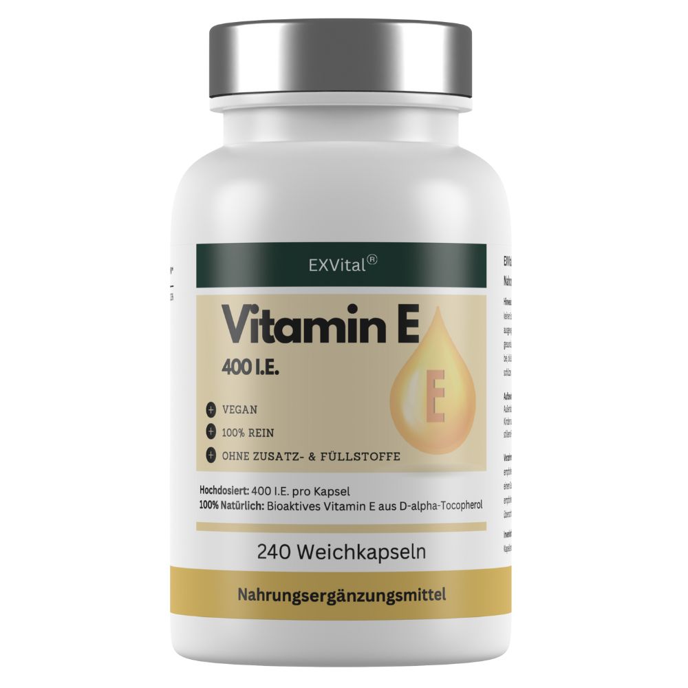 Weißes Pillenbehälter mit silbernem Deckel. Aufschrift Vitamin E 400 I.E. und EXVital Logo. 240 Weichkapseln.