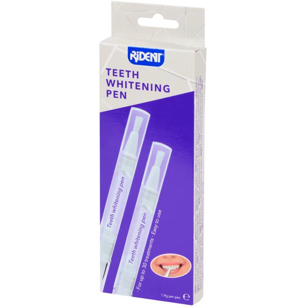 Verpackung mit zwei Zahnaufhellungsstiften. Aufschrift: Rident, Teeth Whitening Pen. Illustration eines Mundes.