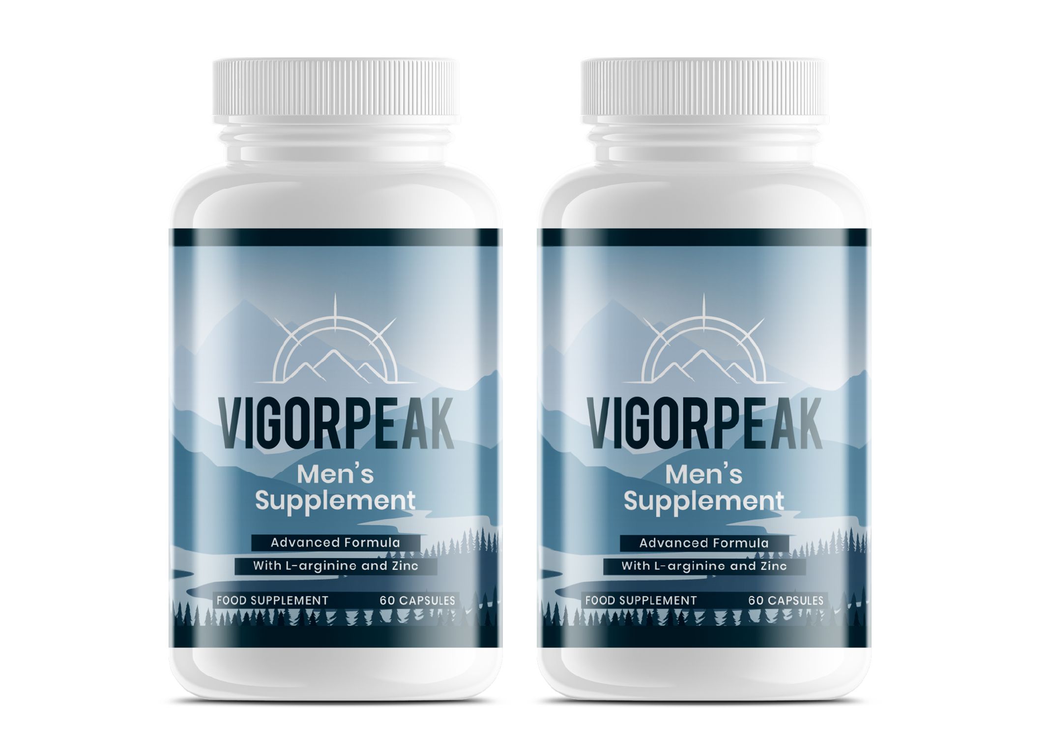 Zwei weiße Flaschen mit Vigorpeak Men's Supplement Etiketten, die eine Berglandschaft zeigen.