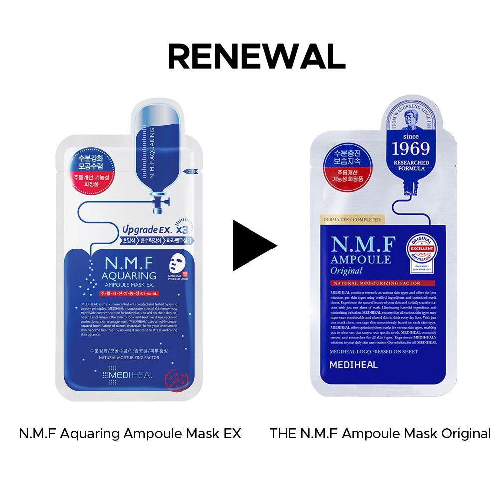 Vergleich von N.M.F Aquaring Ampoule Mask EX und THE N.M.F Ampoule Mask Original. Beide Masken in Verpackung dargestellt.