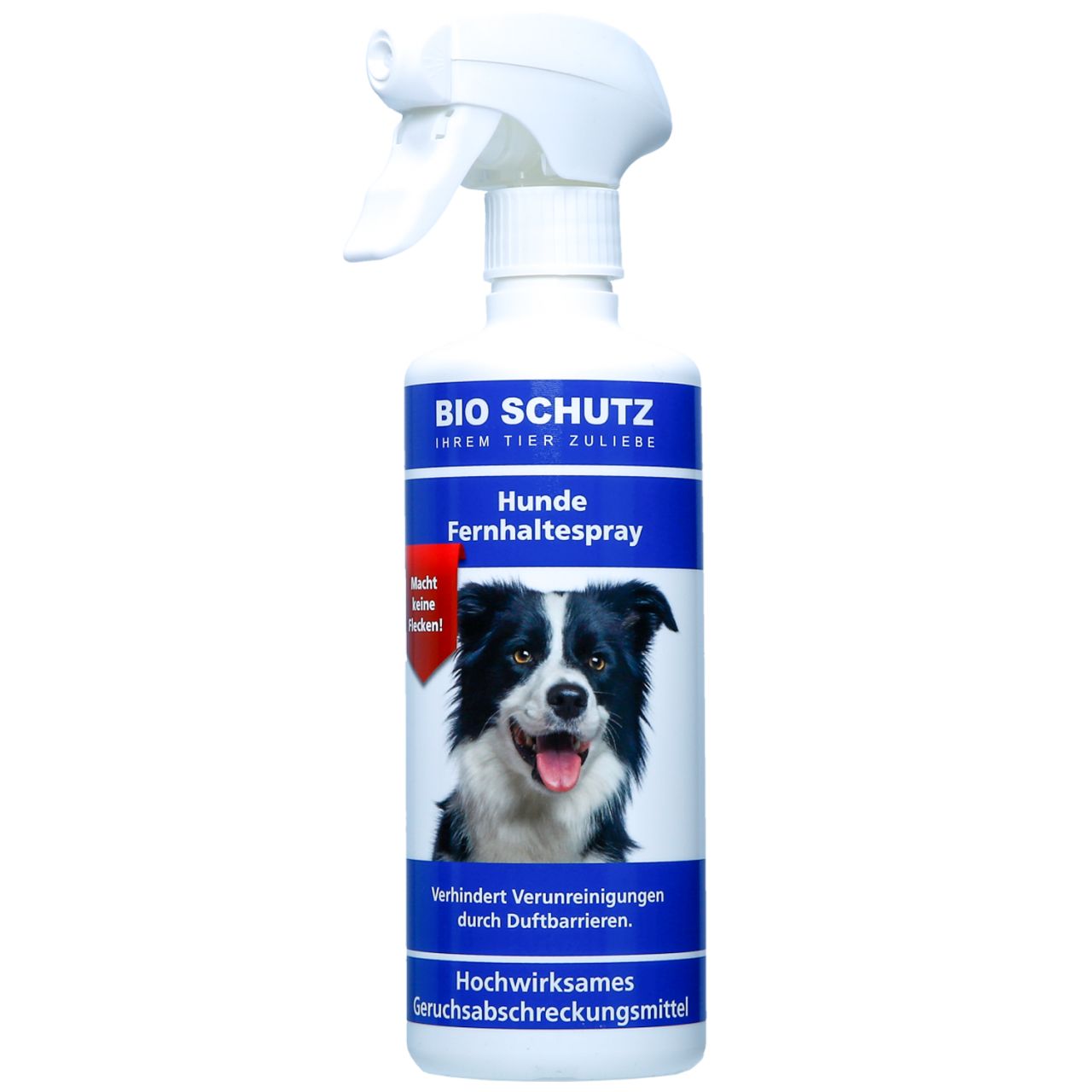 Weiße Sprühflasche mit blauem Etikett. Aufschrift: BIO SCHUTZ Hunde Fernhaltespray. Abbildung eines Hundes. Hochwirksames Geruchsabschreckungsmittel.