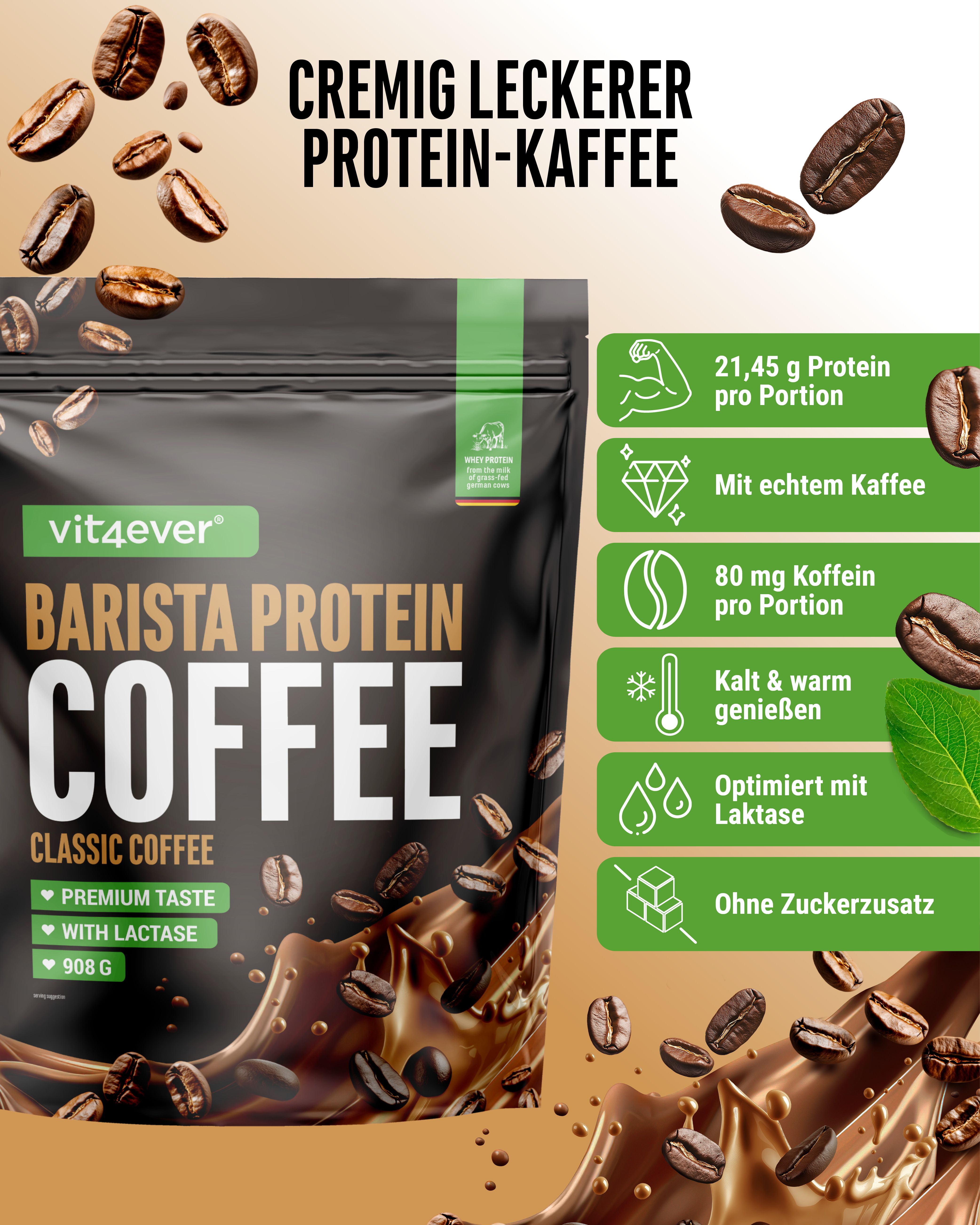 Verpackung "vit4ever Barista Protein Coffee". Enthält Informationen zu Protein, Koffein und Laktose. Mit Kaffeebohnen.