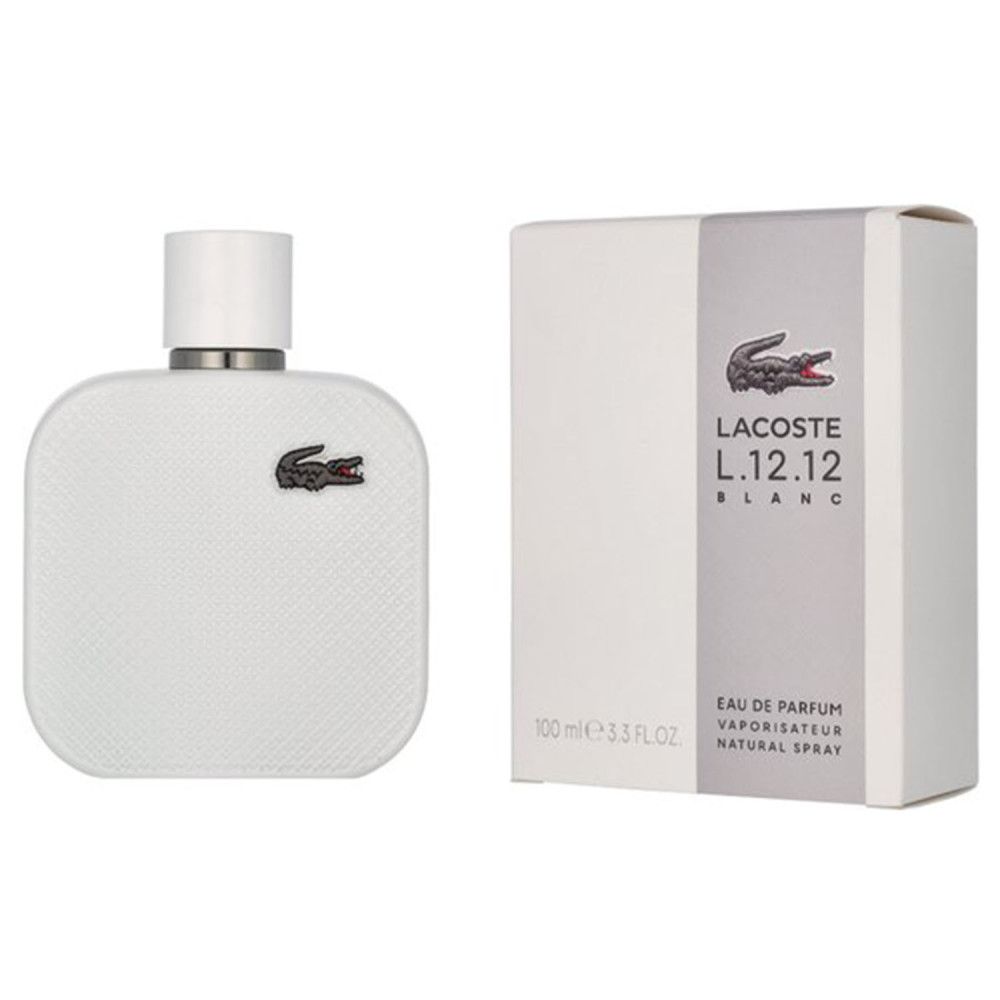 Weißer Flakon und Verpackung. Flakon quadratisch, geprägt, Krokodil-Logo. Verpackung mit Logo und Produktbezeichnung.