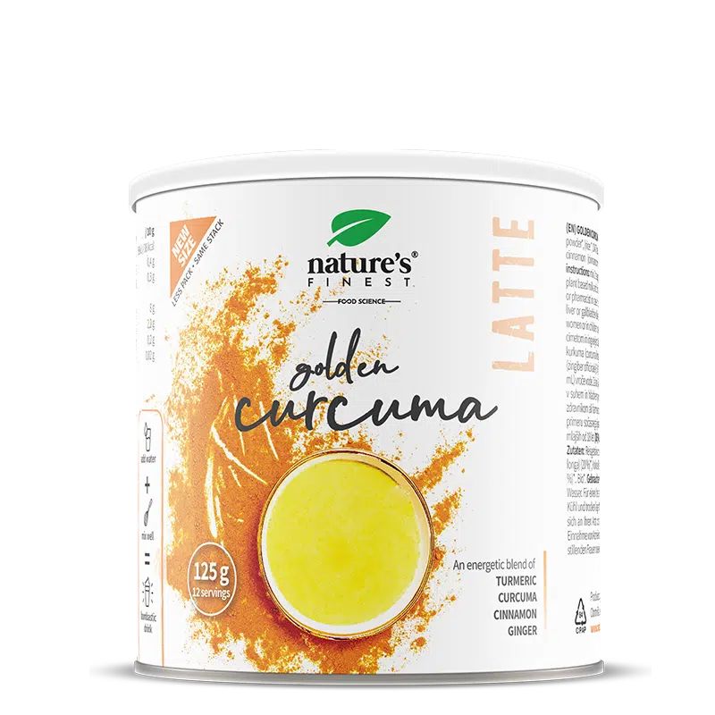 Dose Nature's Finest Golden Curcuma Latte, 125g, mit Zutatenliste und Zubereitungssymbolen.