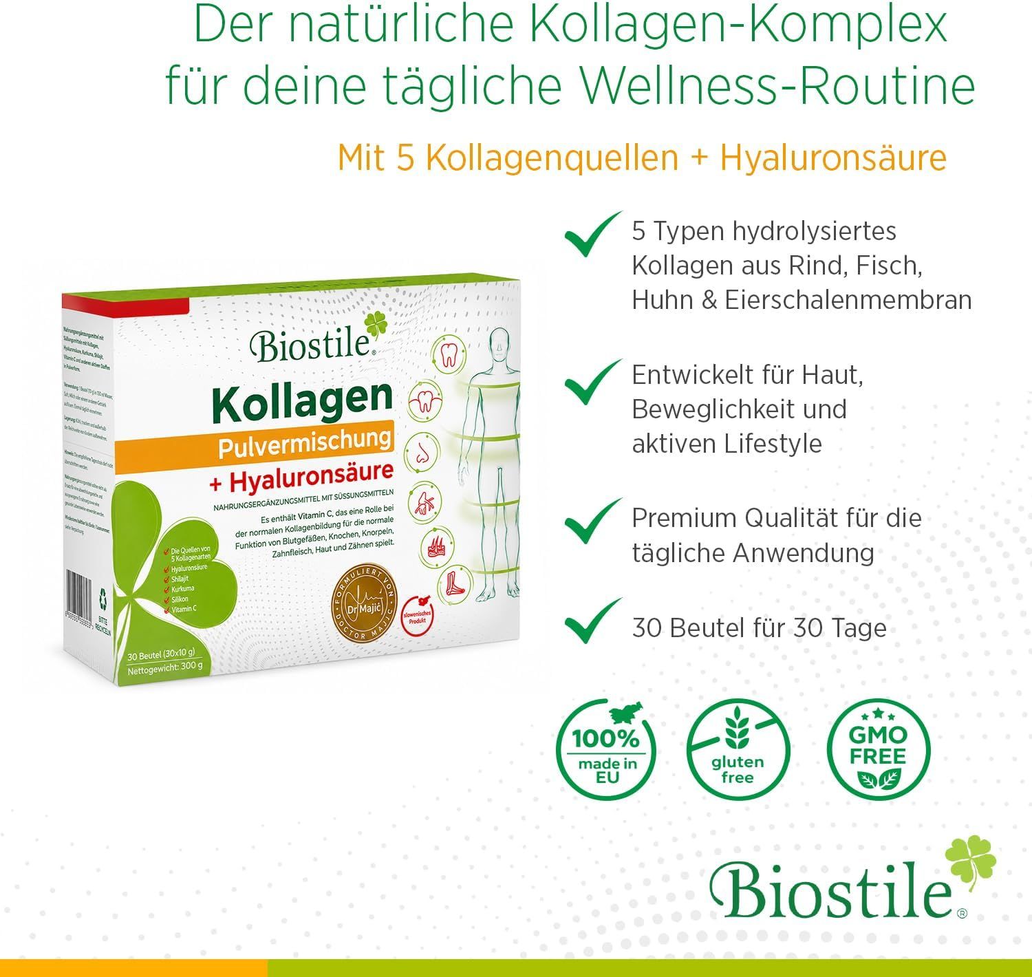 Biostile Kollagen Pulvermischung + Hyaluronsäure Packung. 30 Beutel. Enthält 5 Kollagenquellen, glutenfrei, GMO-frei.