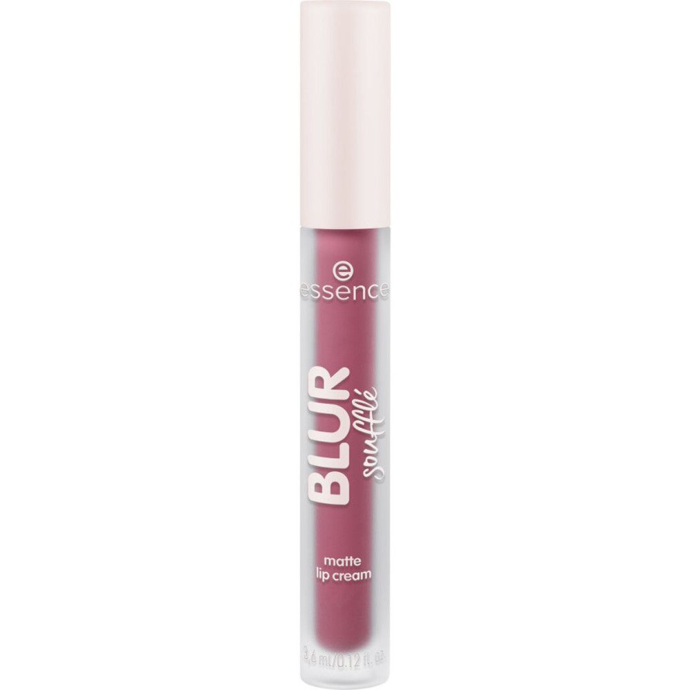 Lippencreme-Tube mit weißem Deckel. Aufschrift "BLUR soufflé matte lip cream" und "essence". Farbe: Rosa.