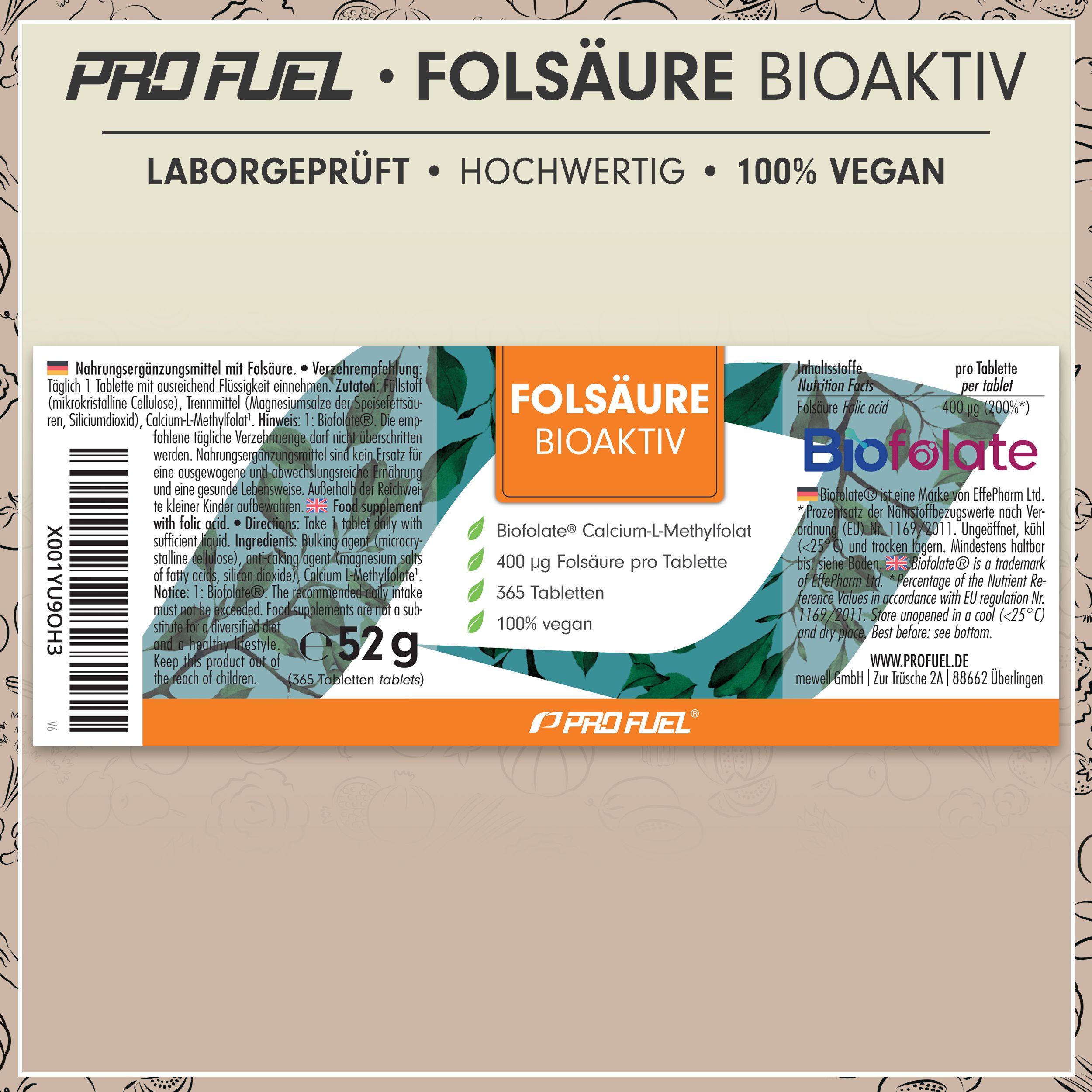 Folic acid supplement bottle with label details: 400µg Folsäure pro Tablette, 365 Tabletten, 100% vegan, laborgeprüft.