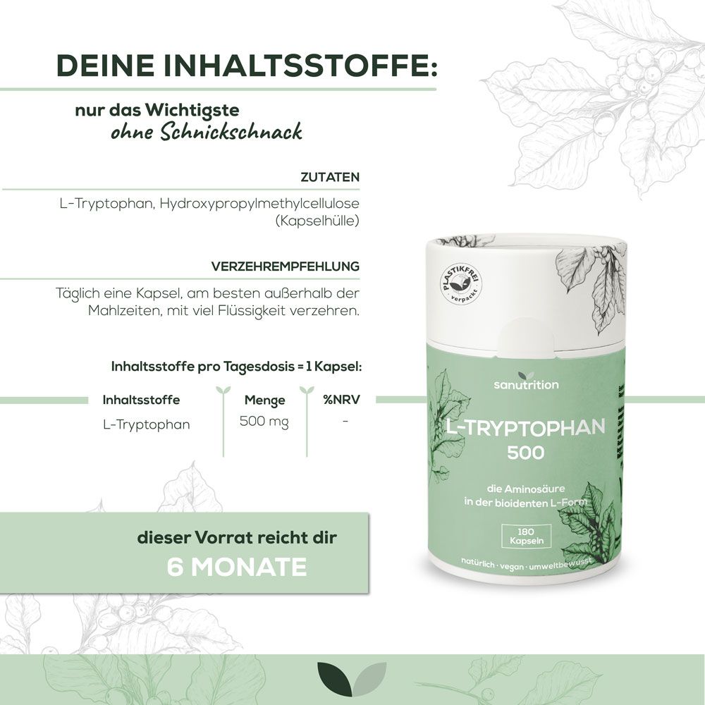 Werbetafel mit Sanutrition L-Tryptophan 500. Dose neben Zutatenliste. 500 mg L-Tryptophan pro Kapsel. 180 Kapseln.
