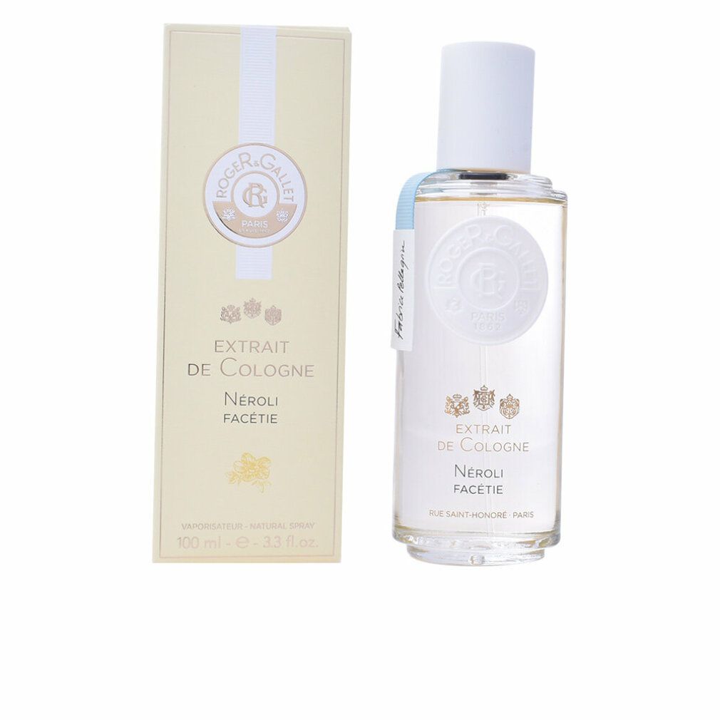 Flakon und Verpackung von Roger&Gallet Extrait de Cologne. Weißer Flakon mit weißem Verschluss. Beige Verpackung mit Logo und Produktbezeichnung.