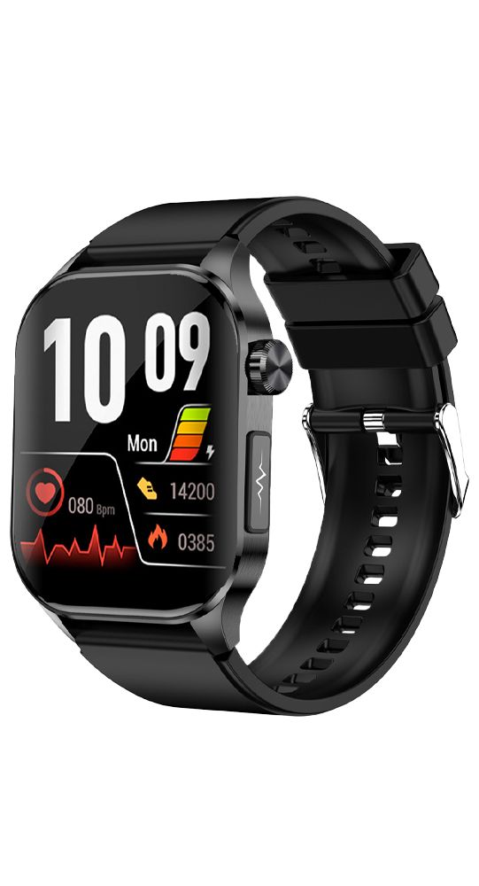 Schwarze Smartwatch mit rechteckigem Display, das Uhrzeit, Herzfrequenz und Schritte anzeigt.