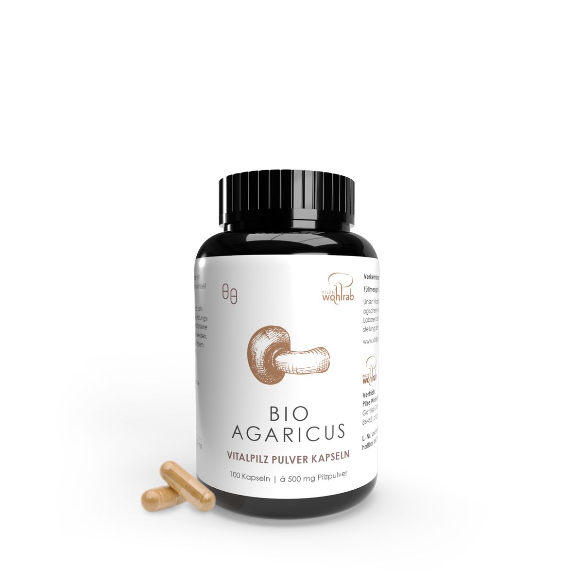 Braune Kapseln neben einer schwarzen Flasche mit Aufschrift BIO AGARICUS. 100 Kapseln. Vitalpilz Pulver Kapseln.