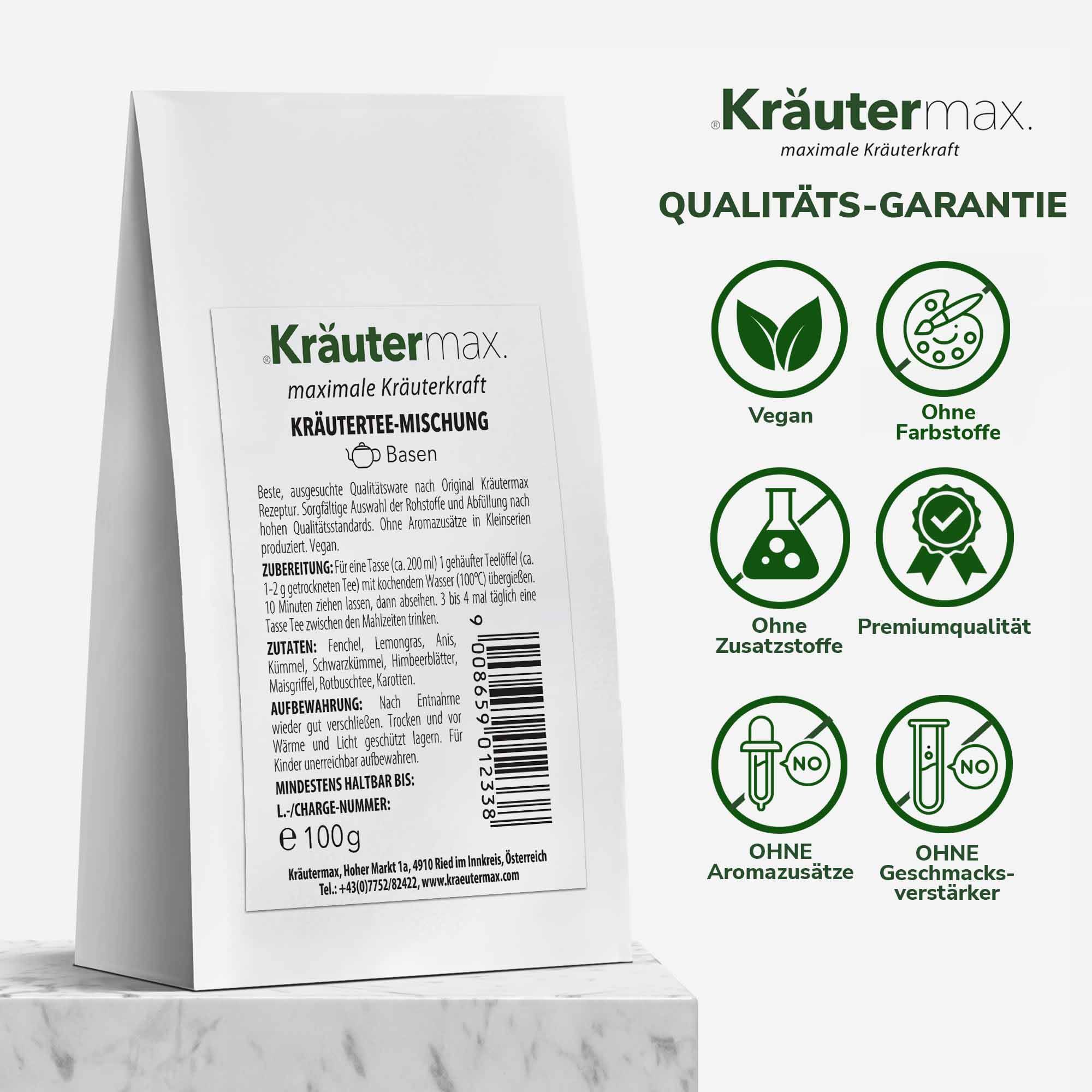 Weißer Beutel Kräutertee-Mischung. Text: Kräutermax, Basen Kräutertee Mischung, Vegan, ohne Farbstoffe, ohne Zusatzstoffe, Premiumqualität.