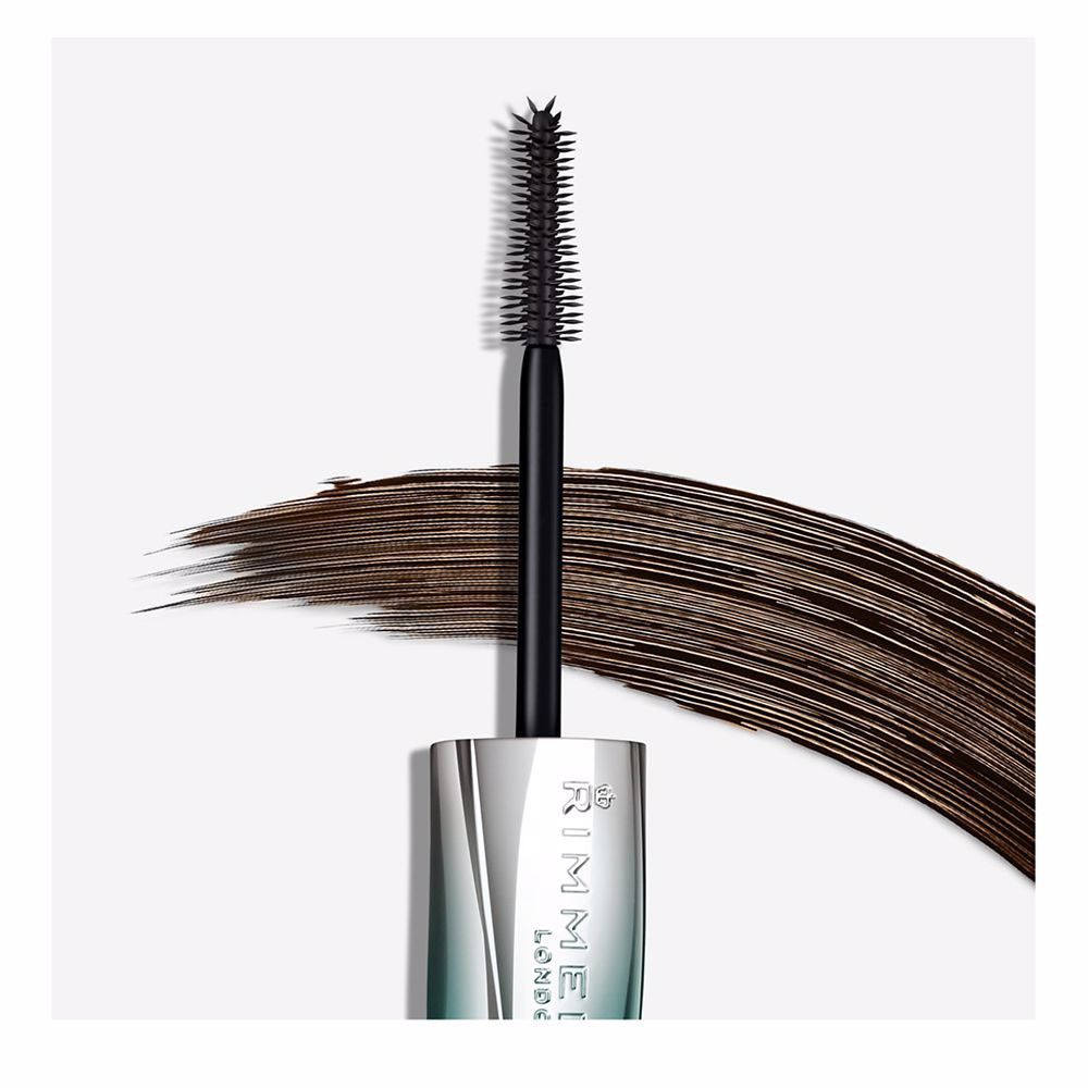 Rimmel Mascara-Bürste mit schwarzer Mascara-Farbe. Silberne Hülse. Text: Rimmel London.