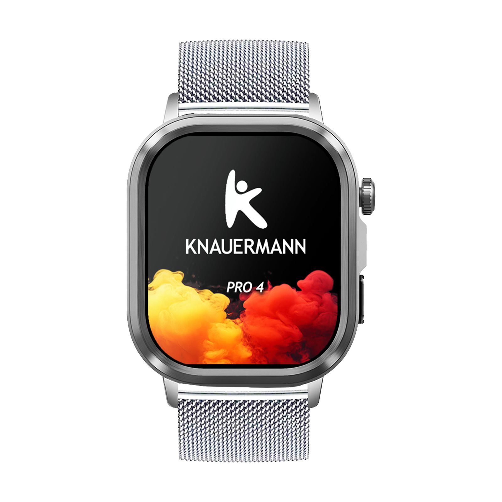 Silberne Smartwatch mit silbernem Mesh-Armband. Das Display zeigt das KNAUERMANN PRO 4 Logo.