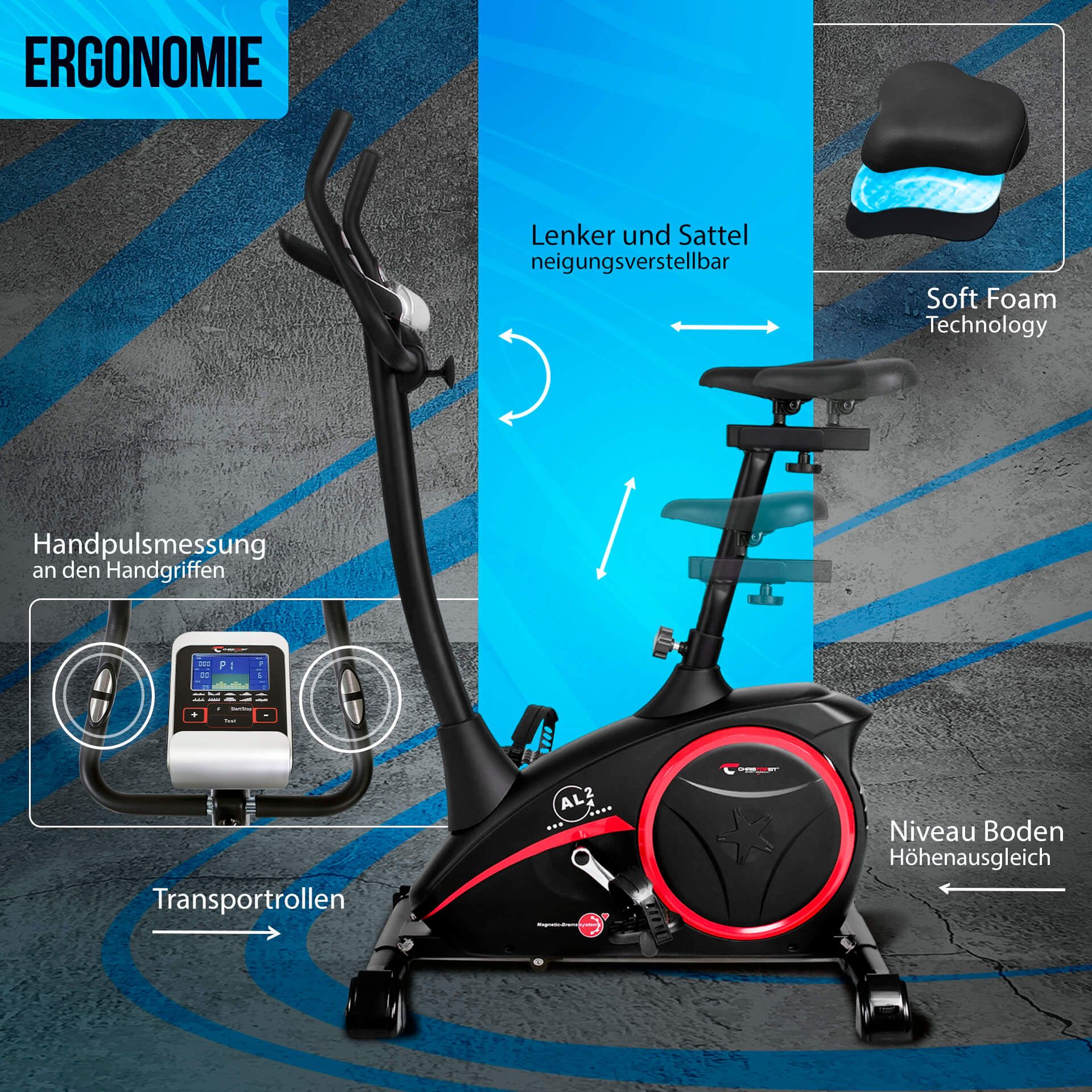 Ergometer mit verstellbarem Lenker und Sattel. Handpulsmessung. Transportrollen. Soft Foam Technologie.