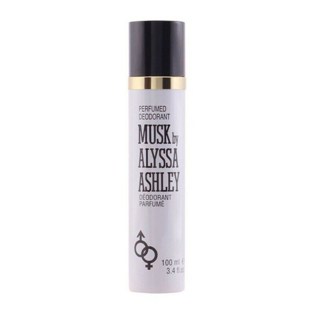 Deodorant-Spray mit schwarzem Deckel. Aufschrift: Musk by Alyssa Ashley. Geschlechter-Symbol. Weißes Behältnis.