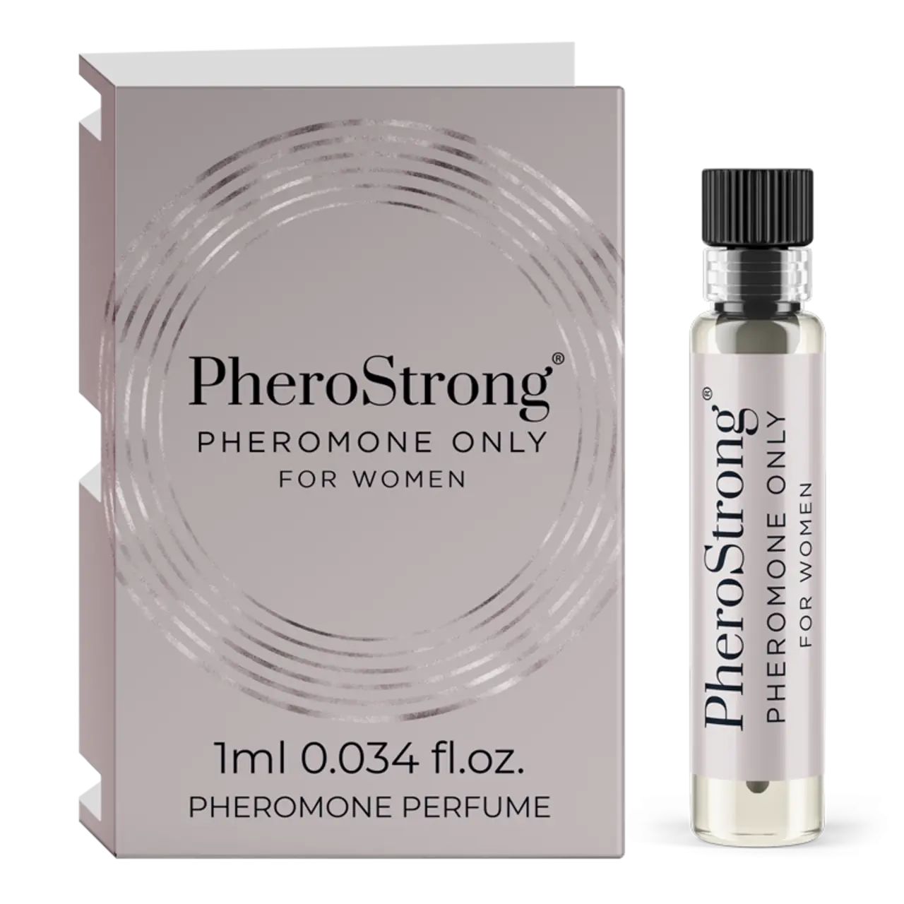 Flakon und Verpackung von PheroStrong. Flakon mit schwarzem Verschluss. Verpackung mit Produktnamen und Schriftzug.