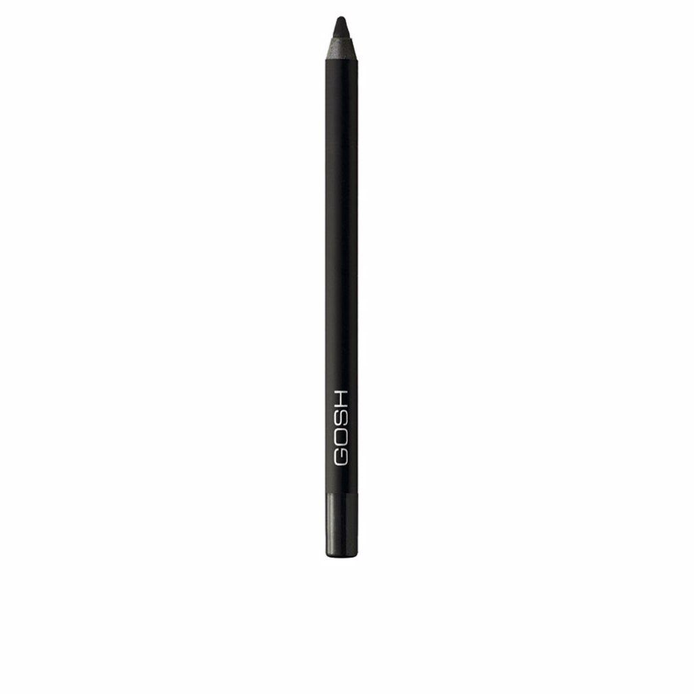 Schwarzer Gosh Velvet Touch Eyeliner. Zylindrische Form, schwarze Mine, grauer Schaft, Markenname Gosh.