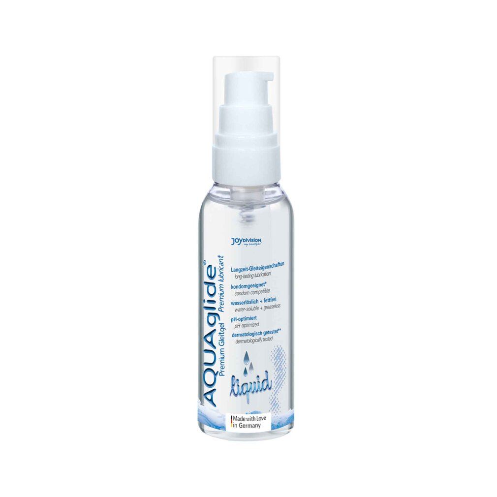 Transparente Flasche mit Pumpverschluss. Aufschrift AQUAglide liquid. Text in Deutsch. Made with Love in Germany.